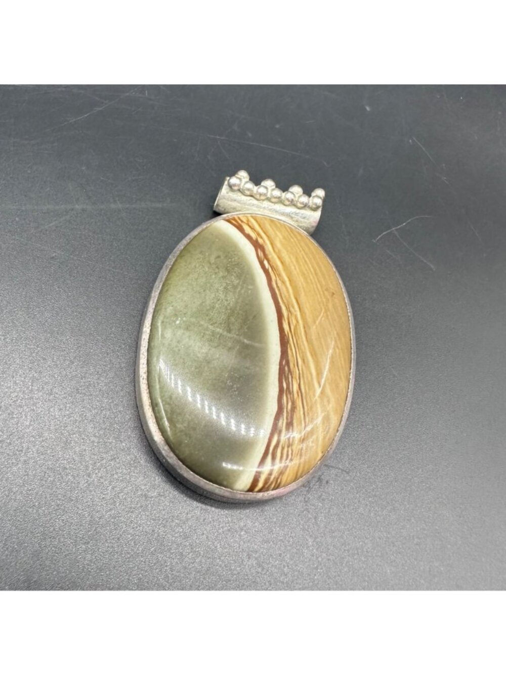 Large Landscape Jasper Pendant Owyhee Beach Ocean Nautical Silver Tone Metal - Picture 2 of 8